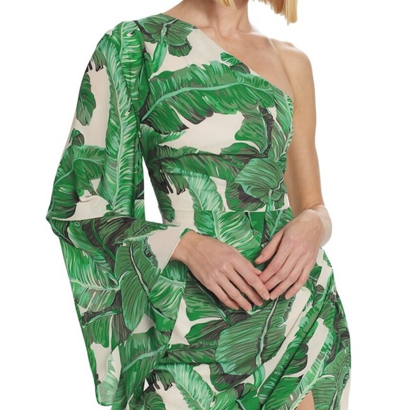 Elliatt Tory One-Shoulder Shift Asymmetrical Hi Low Palm Floral Print Midi Dress - Picture 3 of 12